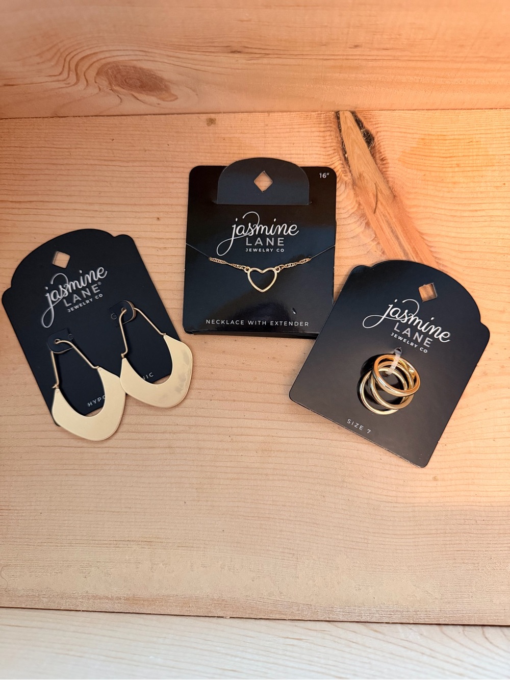 Jasmine Gold Heart Necklace, Hoop Earrings and Stackable Rings Set
